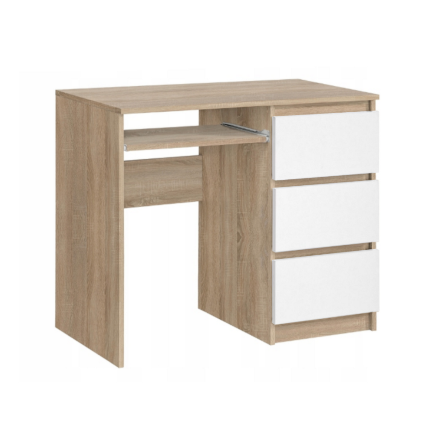 BRUNO - Schreibtisch mit 3 Schubladen und Tastaturablage Rechts - Sonoma Eiche / Weiß Matt 90cm