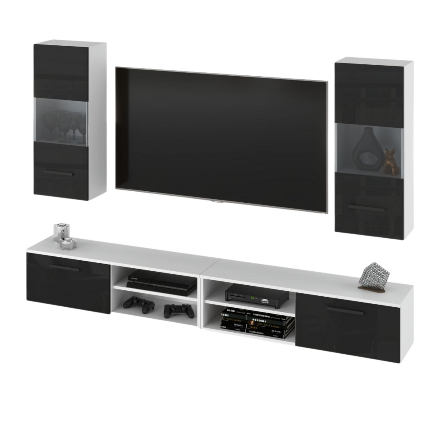 MIRANDA - Wohnwand mit 4 Schränken - Weiß Matt / Schwarz Gloss 240cm