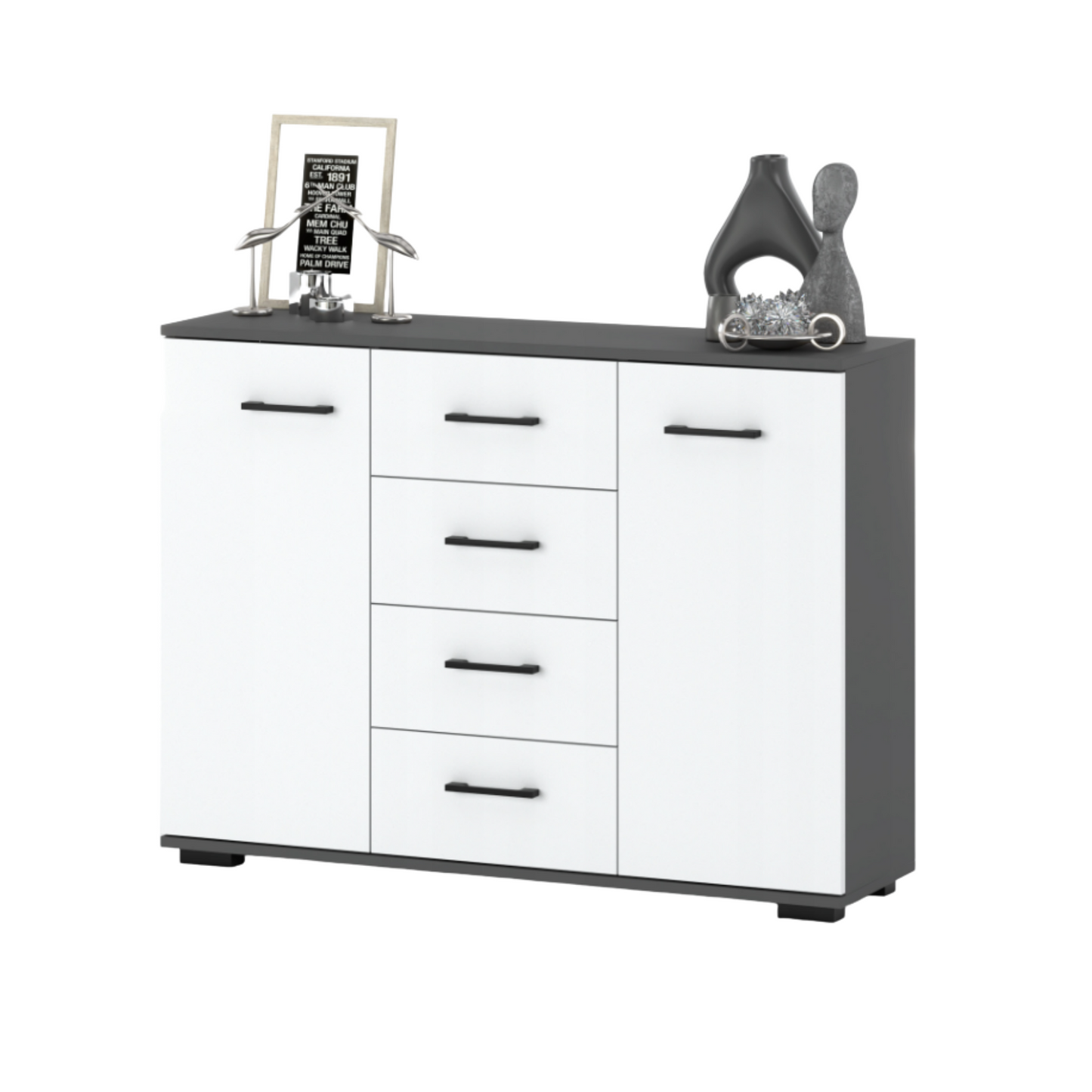 MARK - Kommode / Sideboard mit 4 Schubladen und 2 Türen - Anthrazit Grau / Weiß Matt