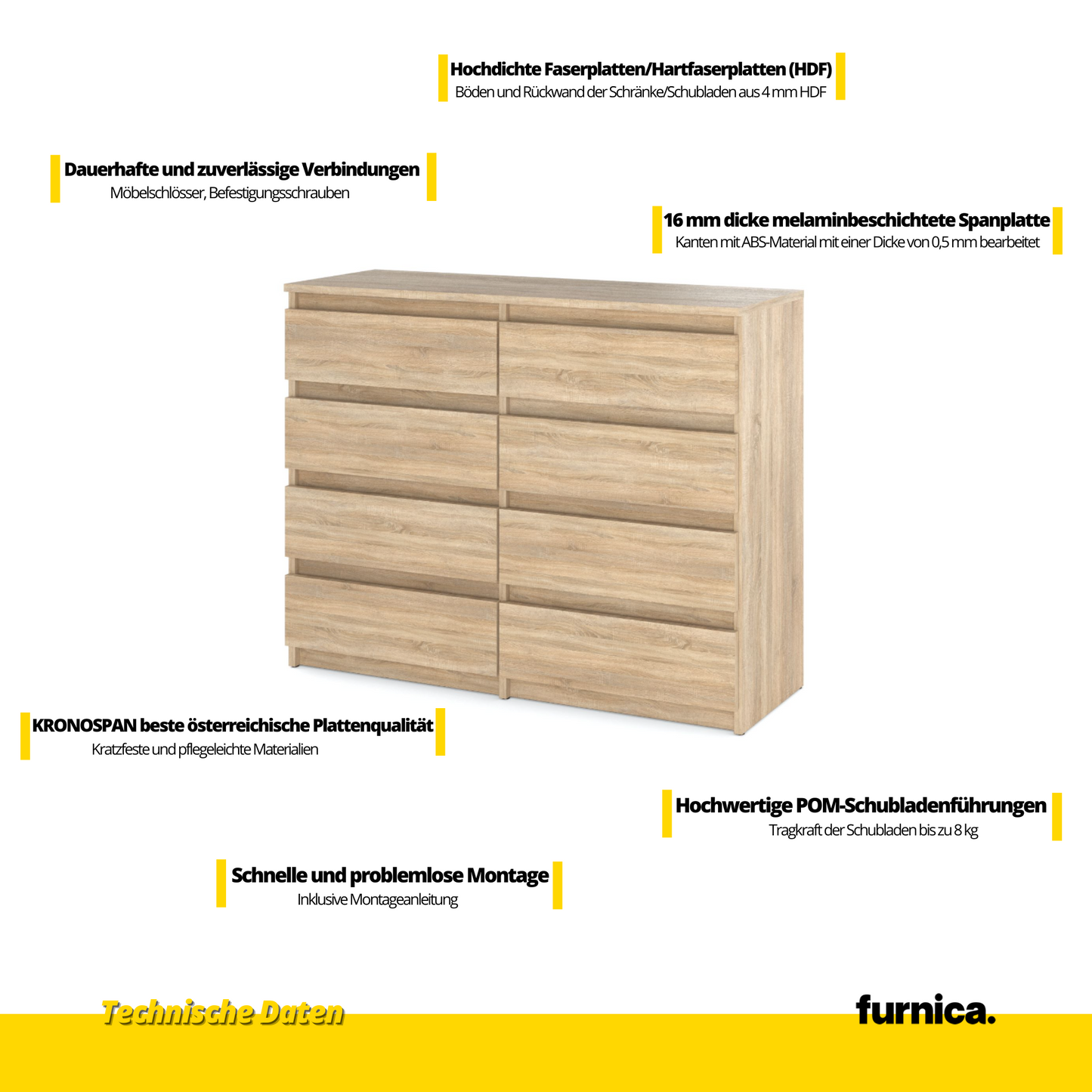 Kommode / Sideboard mit 8 Schubladen - Sonoma Eiche H99cm B120cm T35cm