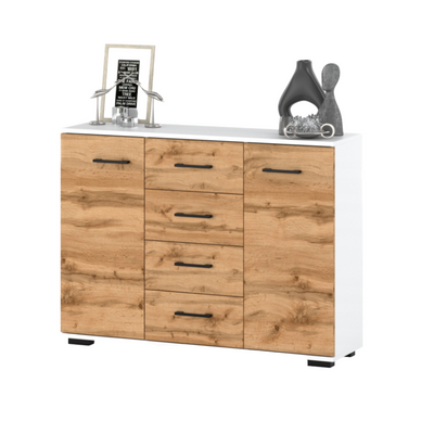 MARK - Kommode / Sideboard mit 4 Schubladen und 2 Türen - Weiß Matt / Wotan Eiche