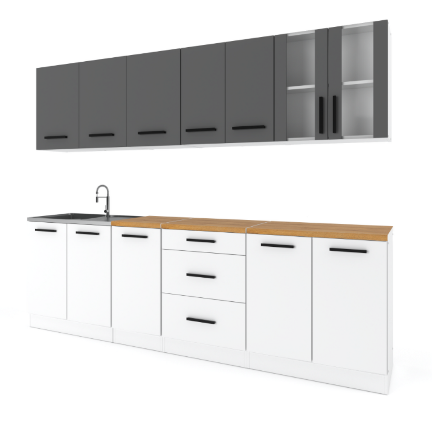 RENO - Küchenblock - Weiß Matt / Anthrazit mit Arbeitsplatte - 8 Schränke - 260 cm