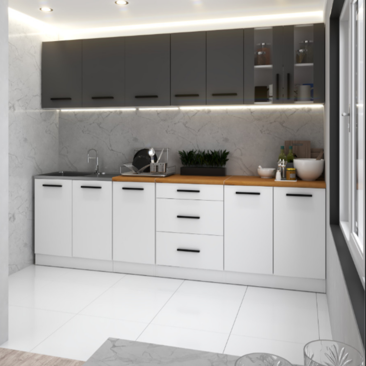 RENO - Küchenblock - Weiß Matt / Anthrazit mit Arbeitsplatte - 8 Schränke - 260 cm