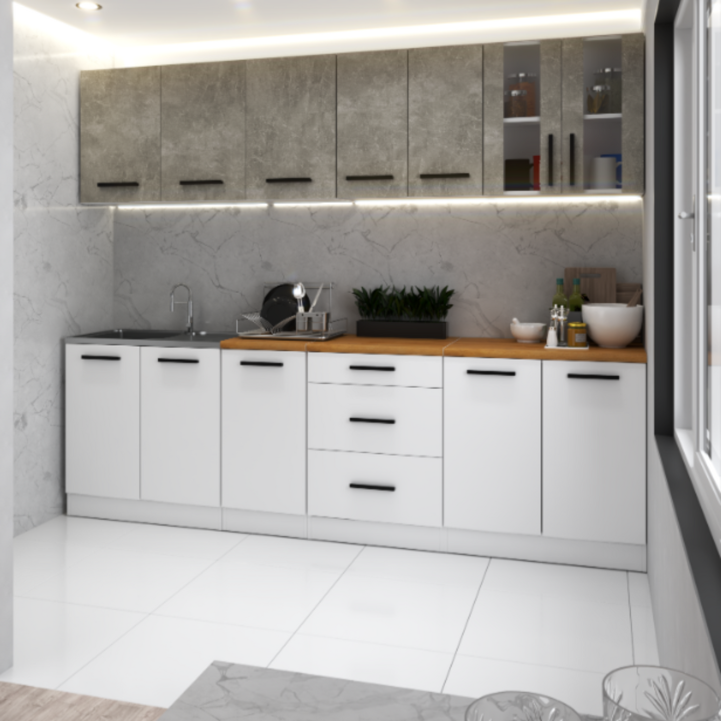 RENO - Küchenblock - Weiß Matt / Beton mit Arbeitsplatte - 8 Schränke - 260 cm