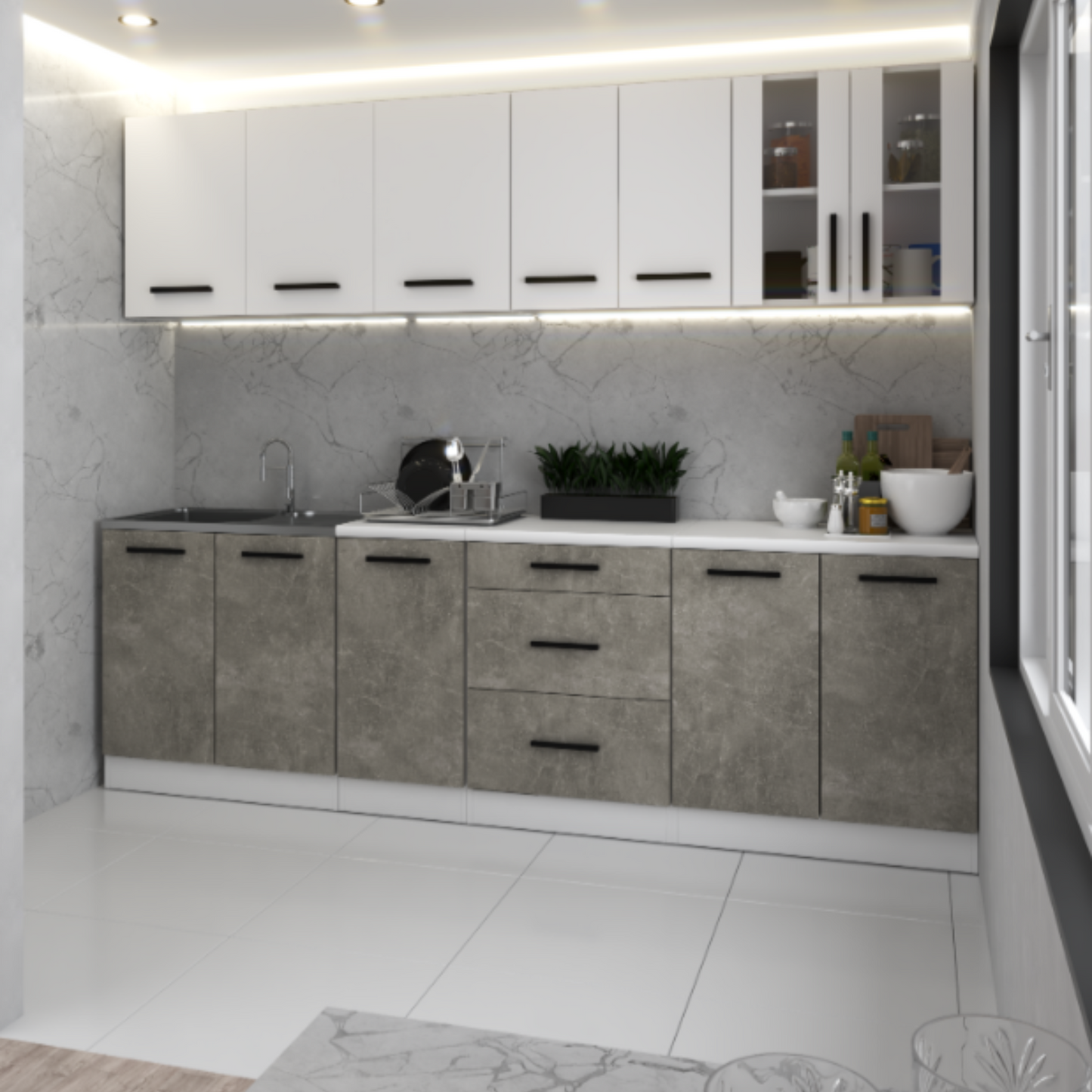 RENO - Küchenblock - Beton / Weiß Matt mit Arbeitsplatte - 8 Schränke - 260 cm