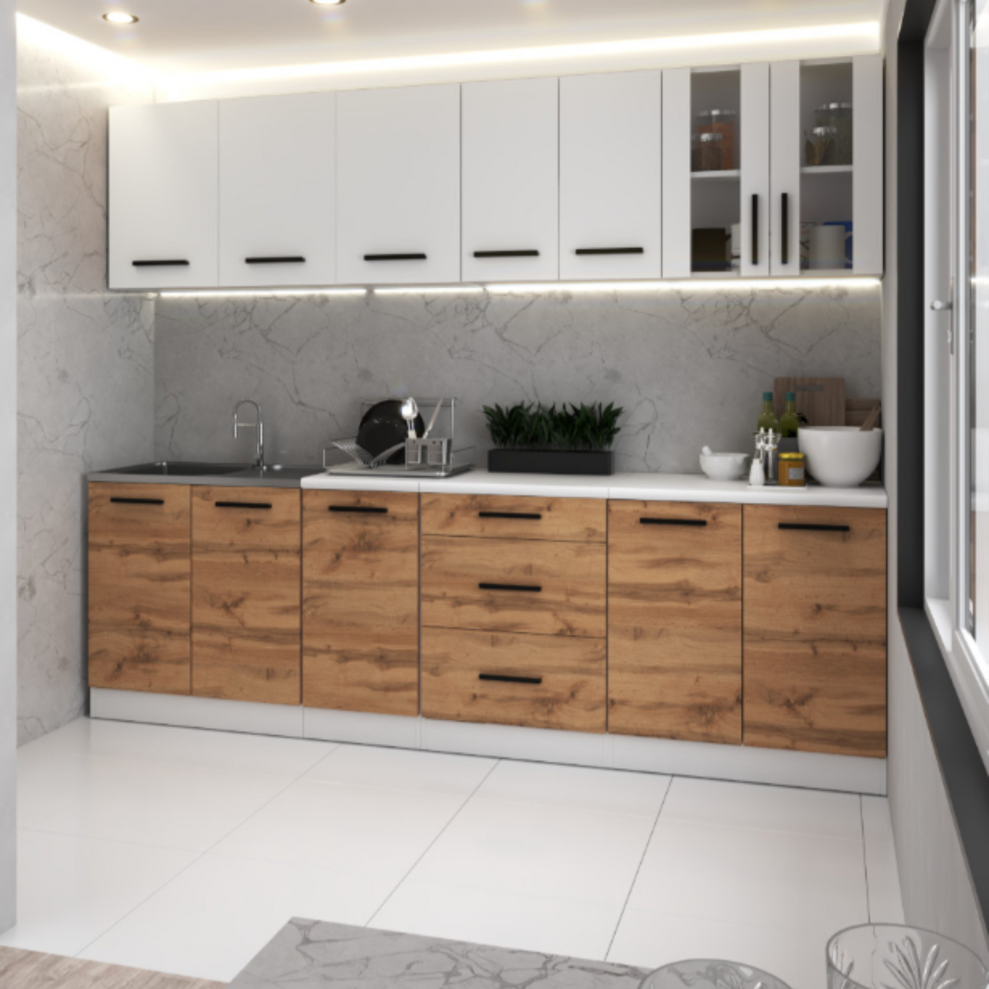 RENO - Küchenblock - Wotan-Eiche / Weiß Matt mit Arbeitsplatte - 8 Schränke - 260 cm