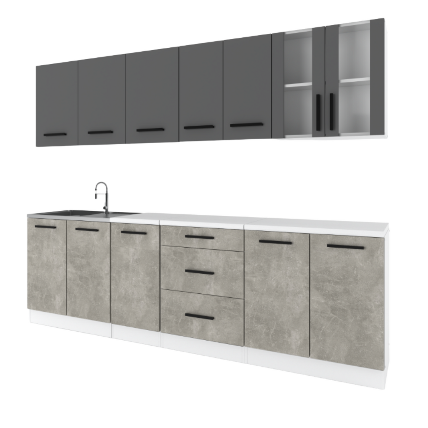 RENO - Küchenblock - Beton / Anthrazit mit Arbeitsplatte - 8 Schränke - 260 cm