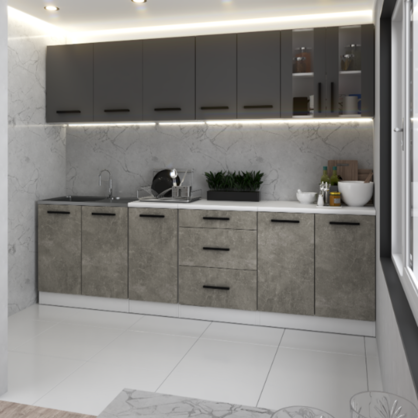 RENO - Küchenblock - Beton / Anthrazit mit Arbeitsplatte - 8 Schränke - 260 cm