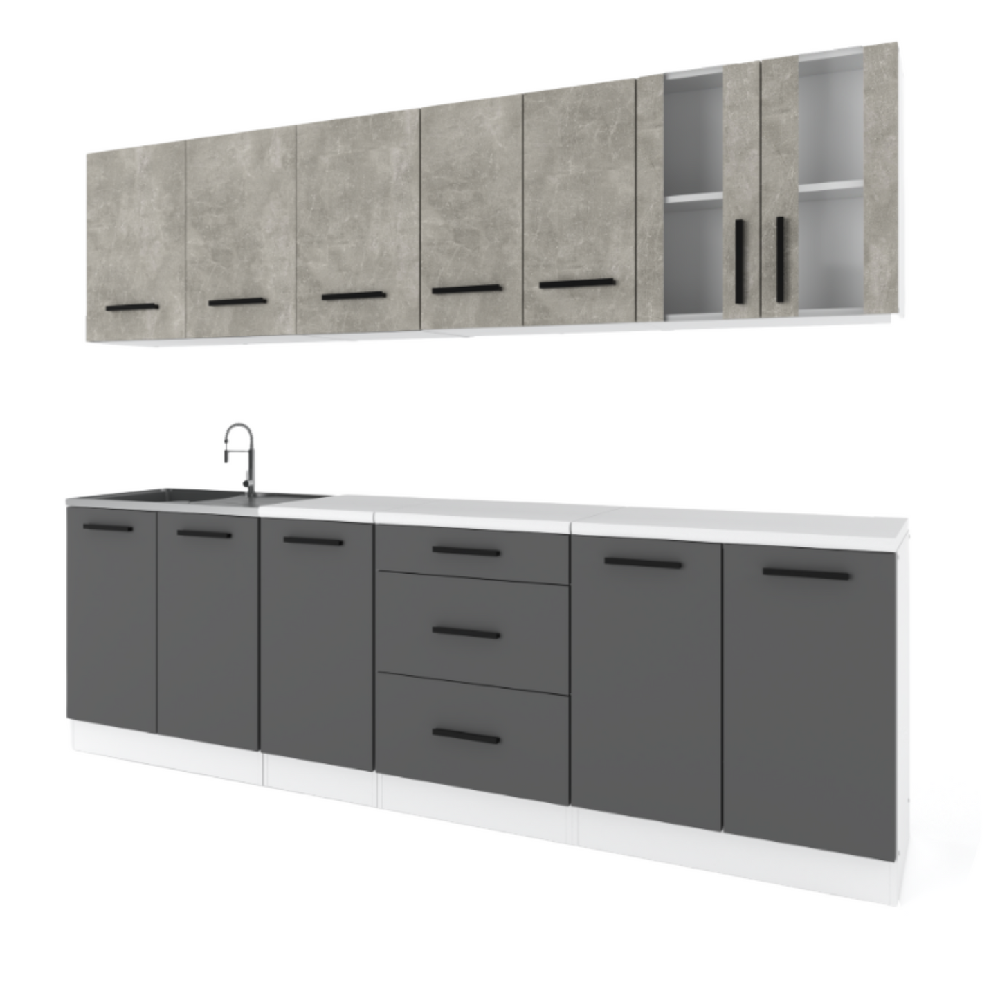 RENO - Küchenblock - Anthrazit / Beton mit Arbeitsplatte - 8 Schränke - 260 cm