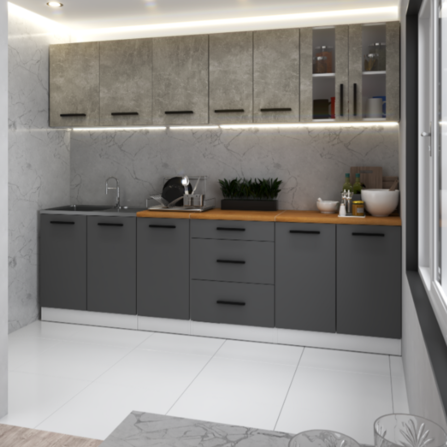 RENO - Küchenblock - Anthrazit / Beton mit Arbeitsplatte - 8 Schränke - 260 cm