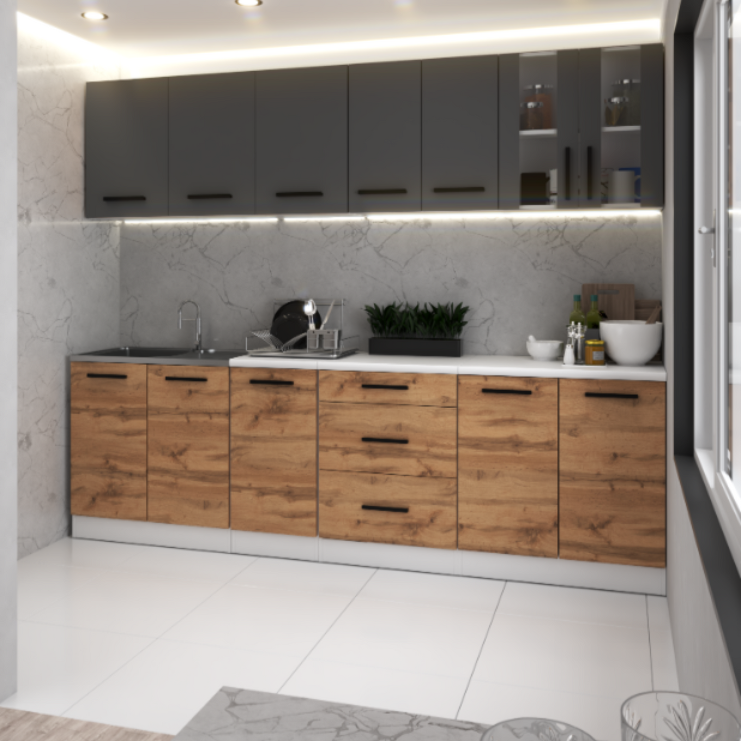 RENO - Küchenblock - Wotan-Eiche / Anthrazit mit Arbeitsplatte - 8 Schränke - 260 cm