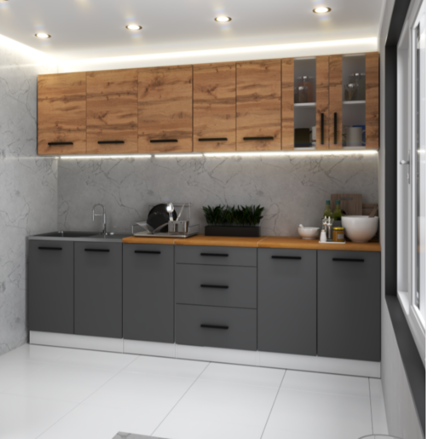 RENO - Küchenblock - Anthrazit / Wotan-Eiche mit Arbeitsplatte - 8 Schränke - 260 cm
