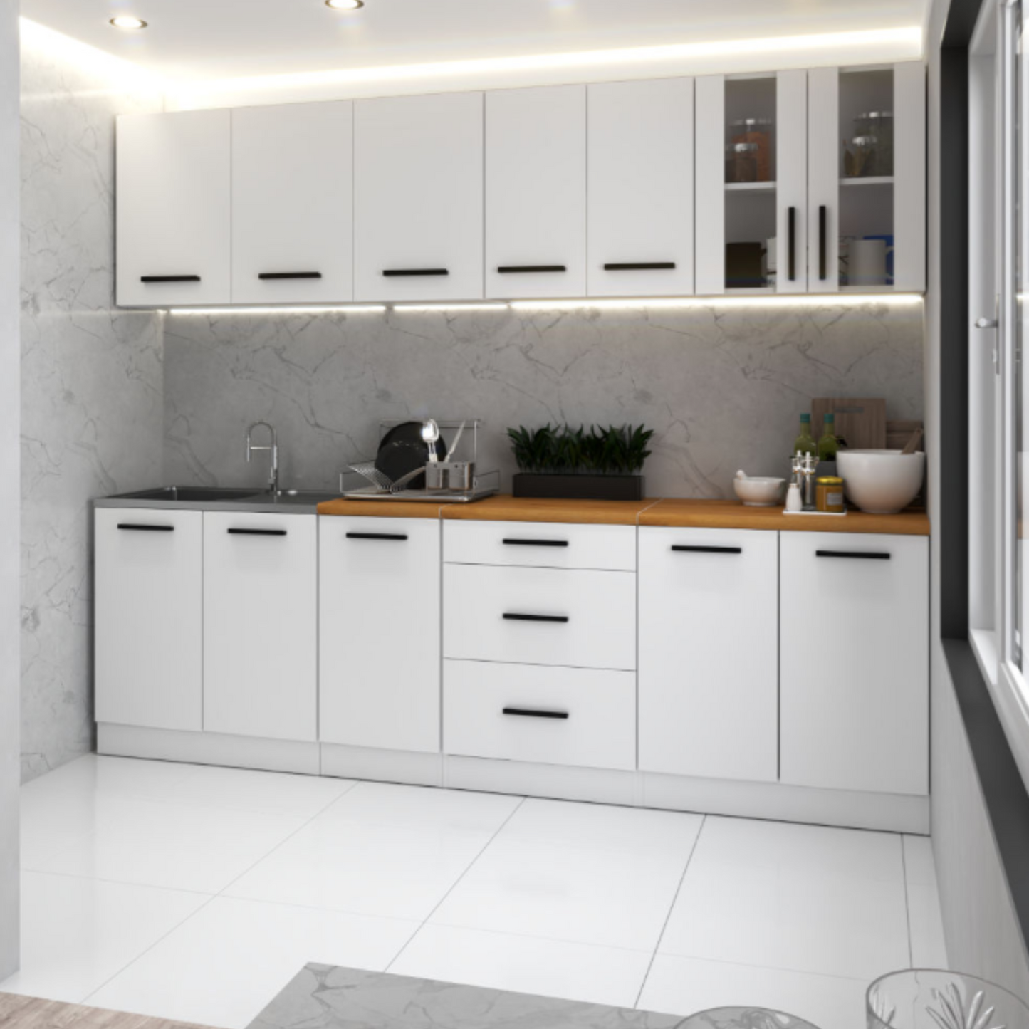 RENO - Küchenblock - Weiß Matt mit Arbeitsplatte - 8 Schränke - 260 cm