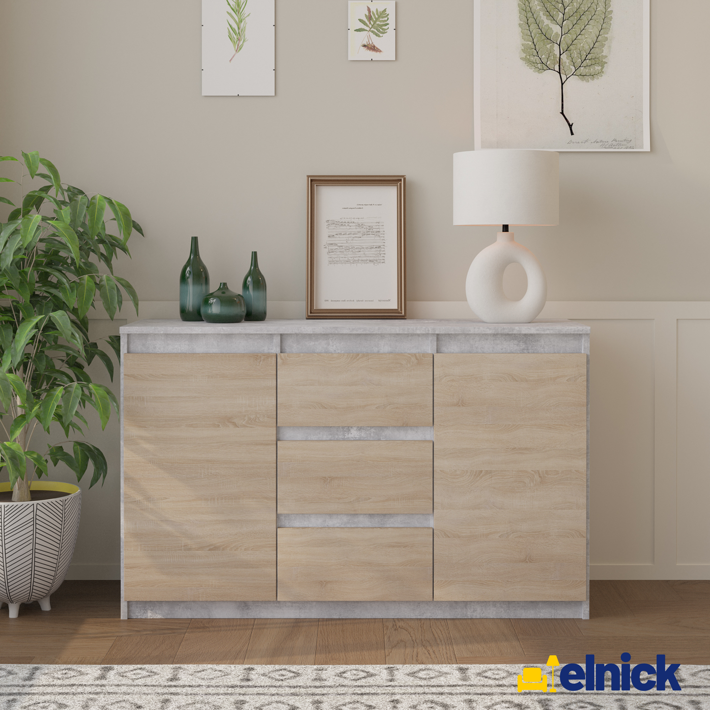 MIKEL - Kommode / Sideboard mit 3 Schubladen und 2 Türen - Beton-Optik / Sonoma Eiche