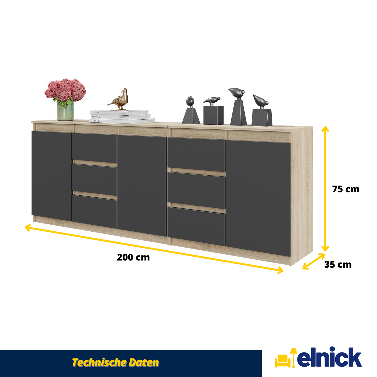 MIKEL - Kommode / Sideboard mit 6 Schubladen und 3 Türen - Sonoma Eiche / Anthrazit Grau