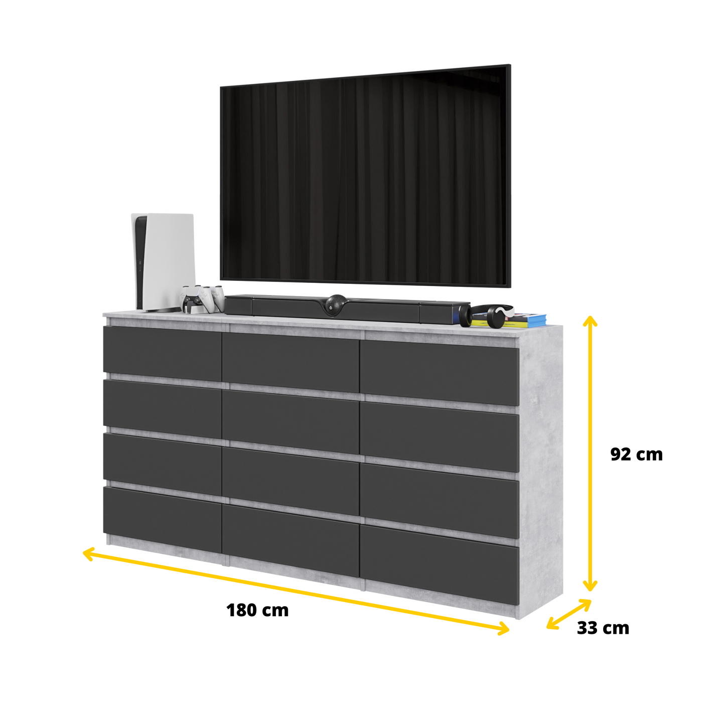 GABRIEL - Kommode / Sideboard mit 12 Schubladen (8+4) - Beton-Optik / Anthrazit