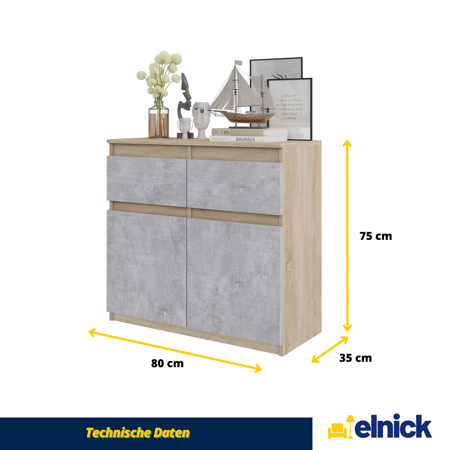 NOAH - Kommode / Sideboard mit 2 Schubladen und 2 Türen - Sonoma Eiche / Beton-Optik