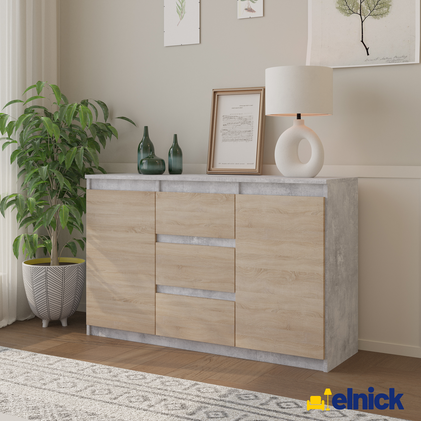 MIKEL - Kommode / Sideboard mit 3 Schubladen und 2 Türen - Beton-Optik / Sonoma Eiche