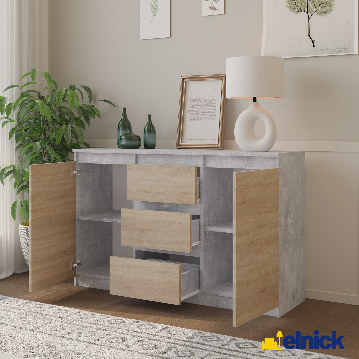 MIKEL - Kommode / Sideboard mit 3 Schubladen und 2 Türen - Beton-Optik / Sonoma Eiche