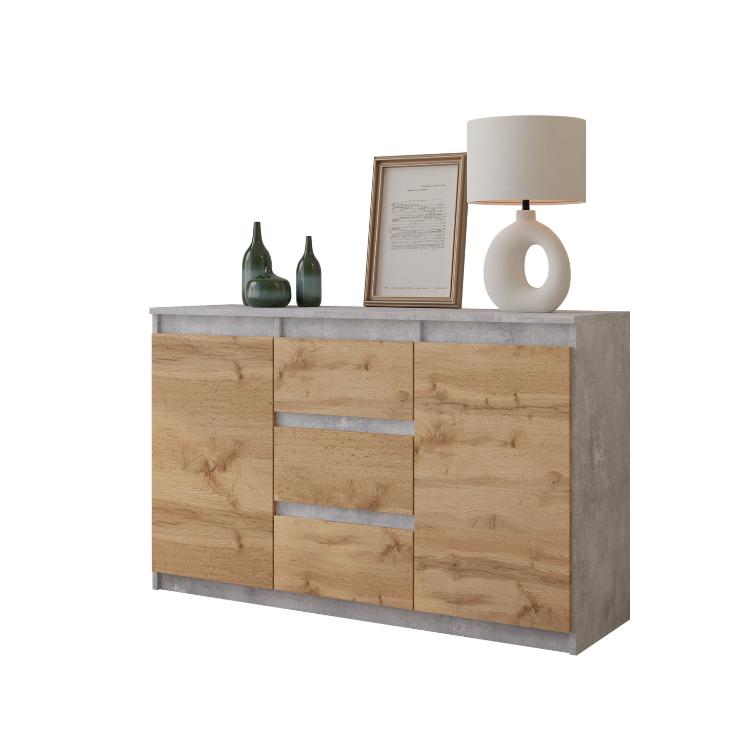 MIKEL - Kommode / Sideboard mit 3 Schubladen und 2 Türen - Beton-Optik / Wotan Eiche