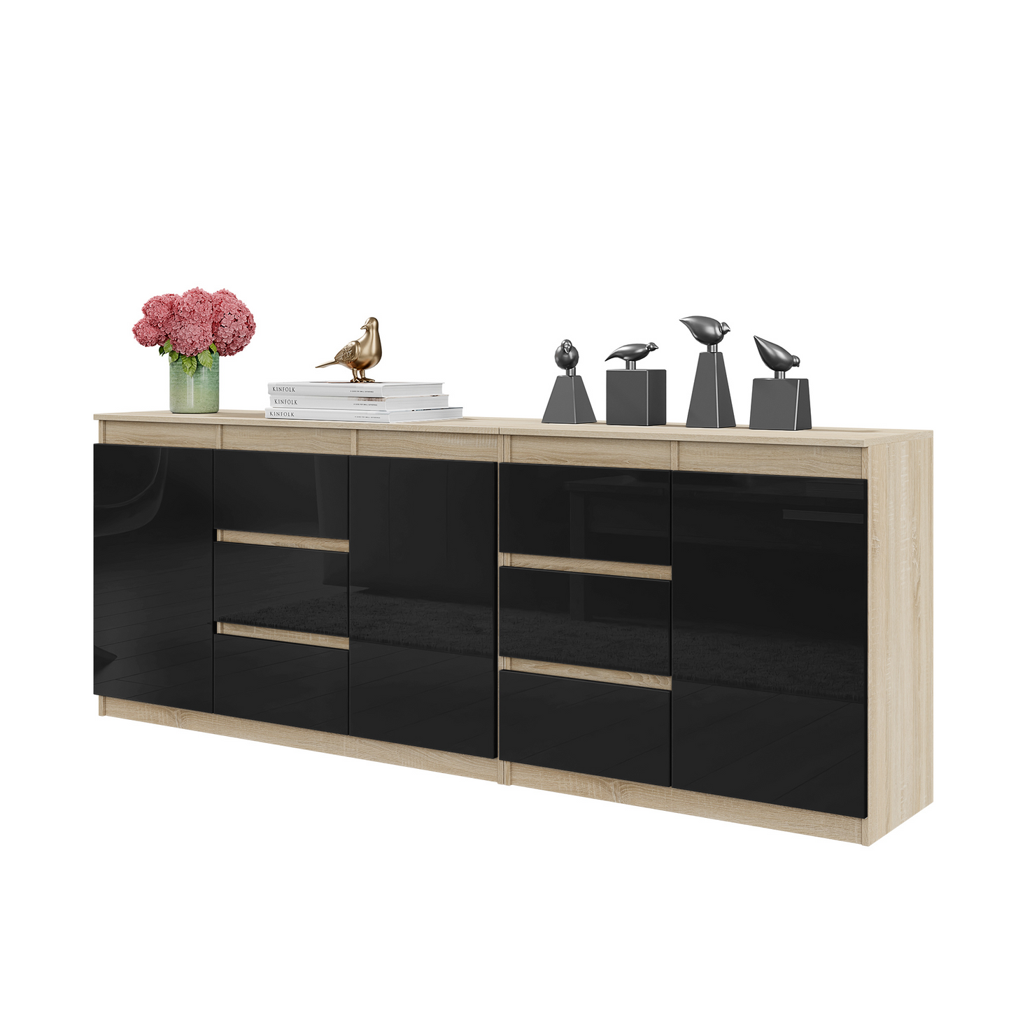 MIKEL - Kommode / Sideboard mit 6 Schubladen und 3 Türen - Sonoma Eiche / Schwarz Gloss