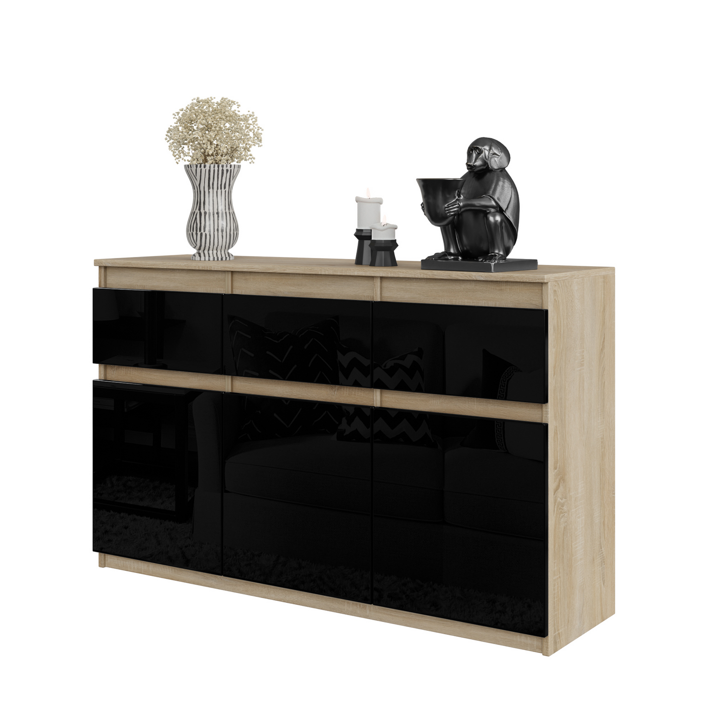 NOAH - Kommode / Sideboard mit 3 Schubladen und 3 Türen - Sonoma Eiche / Schwarz Gloss