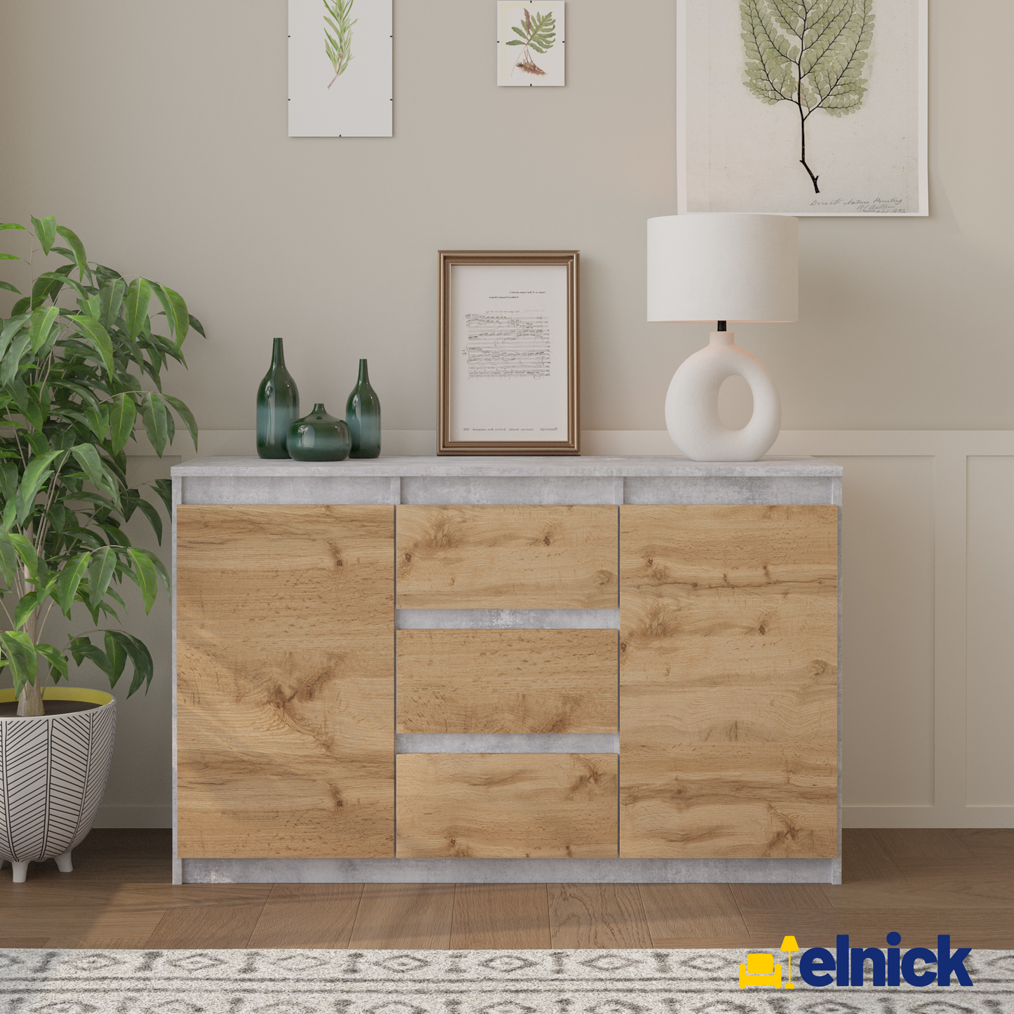 MIKEL - Kommode / Sideboard mit 3 Schubladen und 2 Türen - Beton-Optik / Wotan Eiche