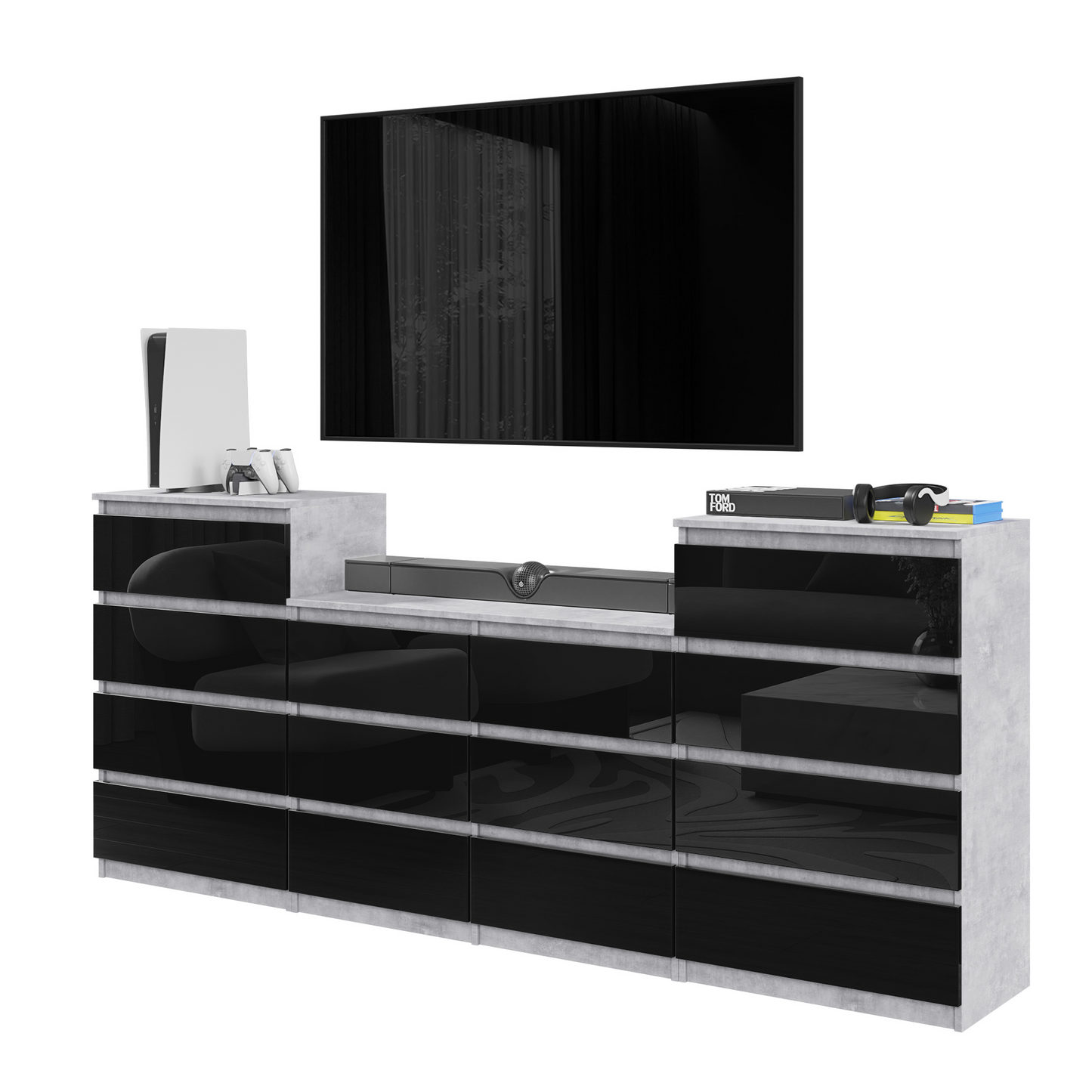 GABRIEL - Kommode / Sideboard mit 14 Schubladen (4+6+4) - Beton-Optik / Schwarz Gloss