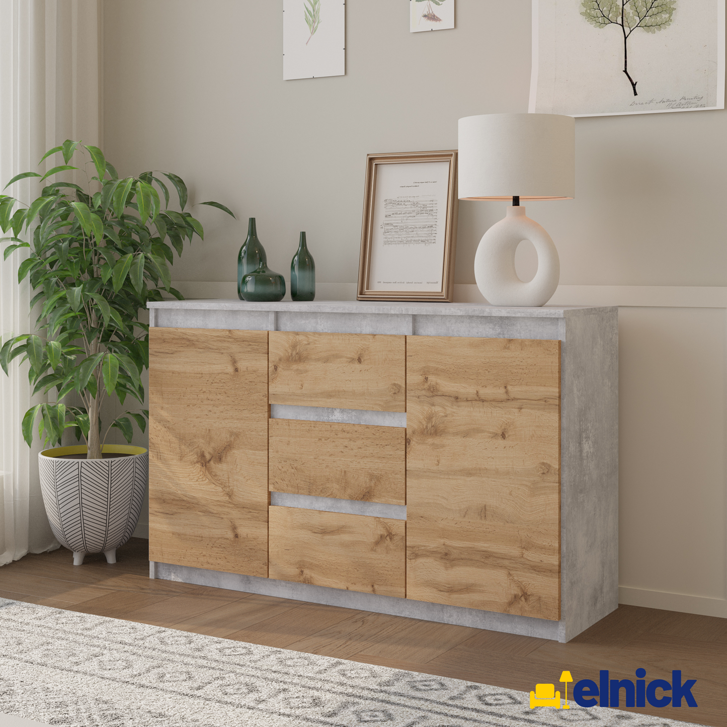 MIKEL - Kommode / Sideboard mit 3 Schubladen und 2 Türen - Beton-Optik / Wotan Eiche