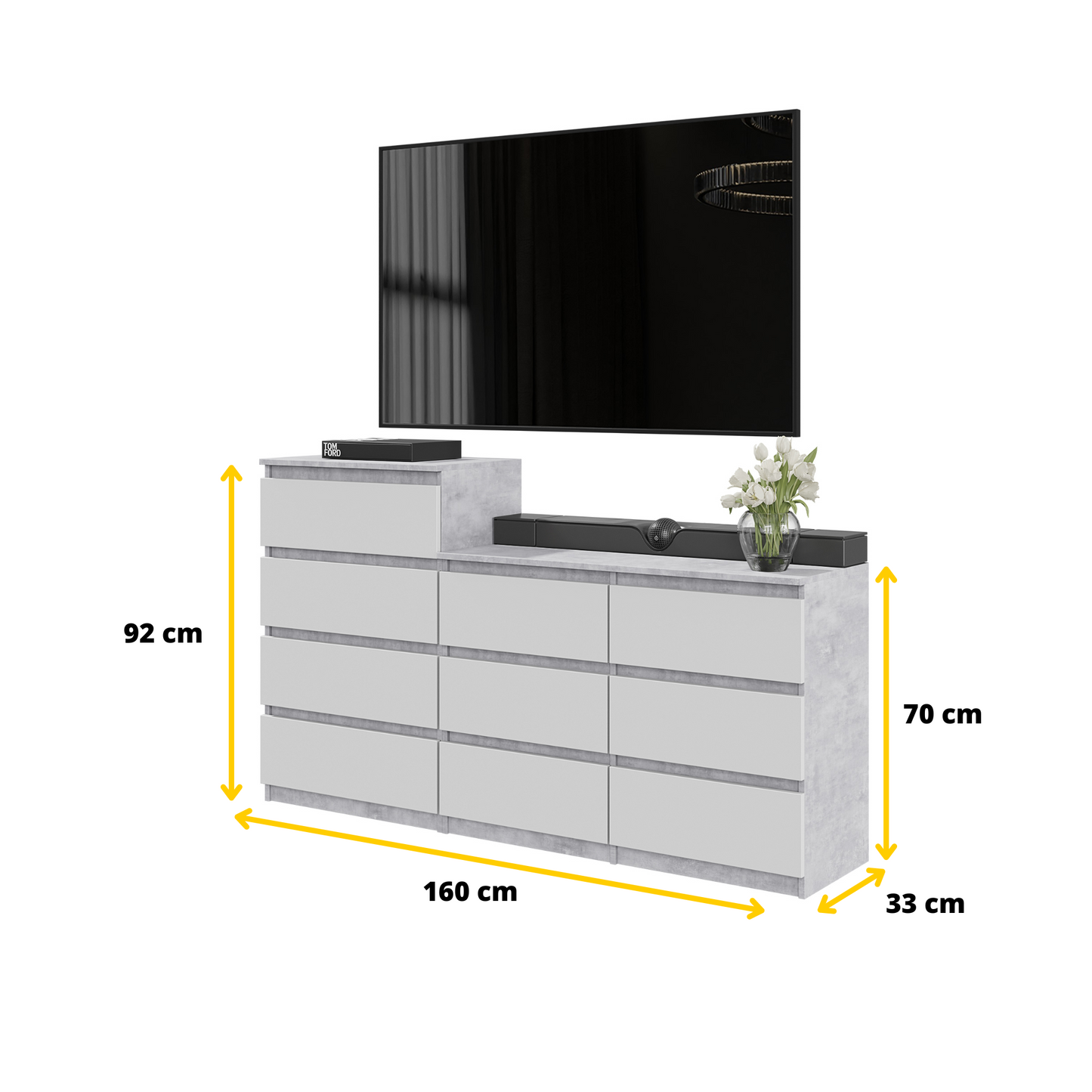 GABRIEL - Kommode / Sideboard mit 10 Schubladen (6+4) - Beton-Optik / Weiß Matt