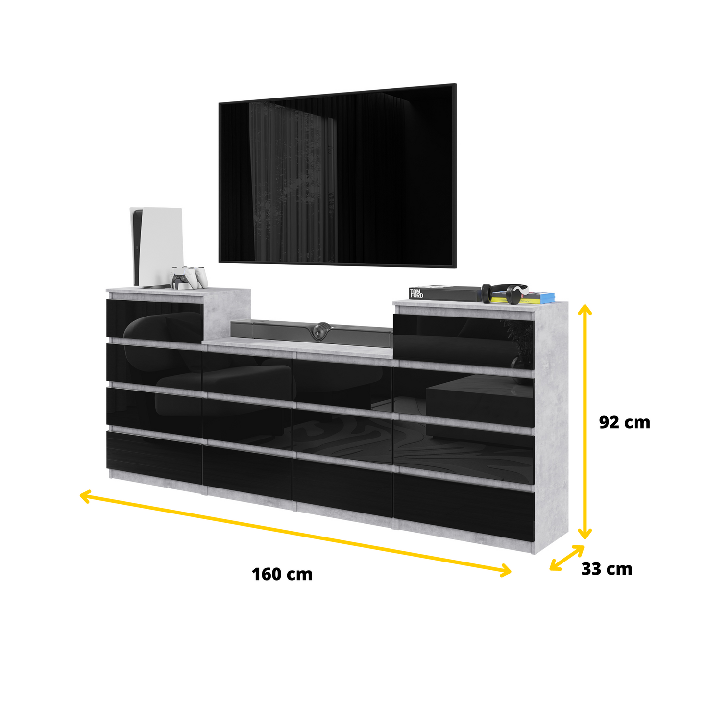 GABRIEL - Kommode / Sideboard mit 14 Schubladen (4+6+4) - Beton-Optik / Schwarz Gloss