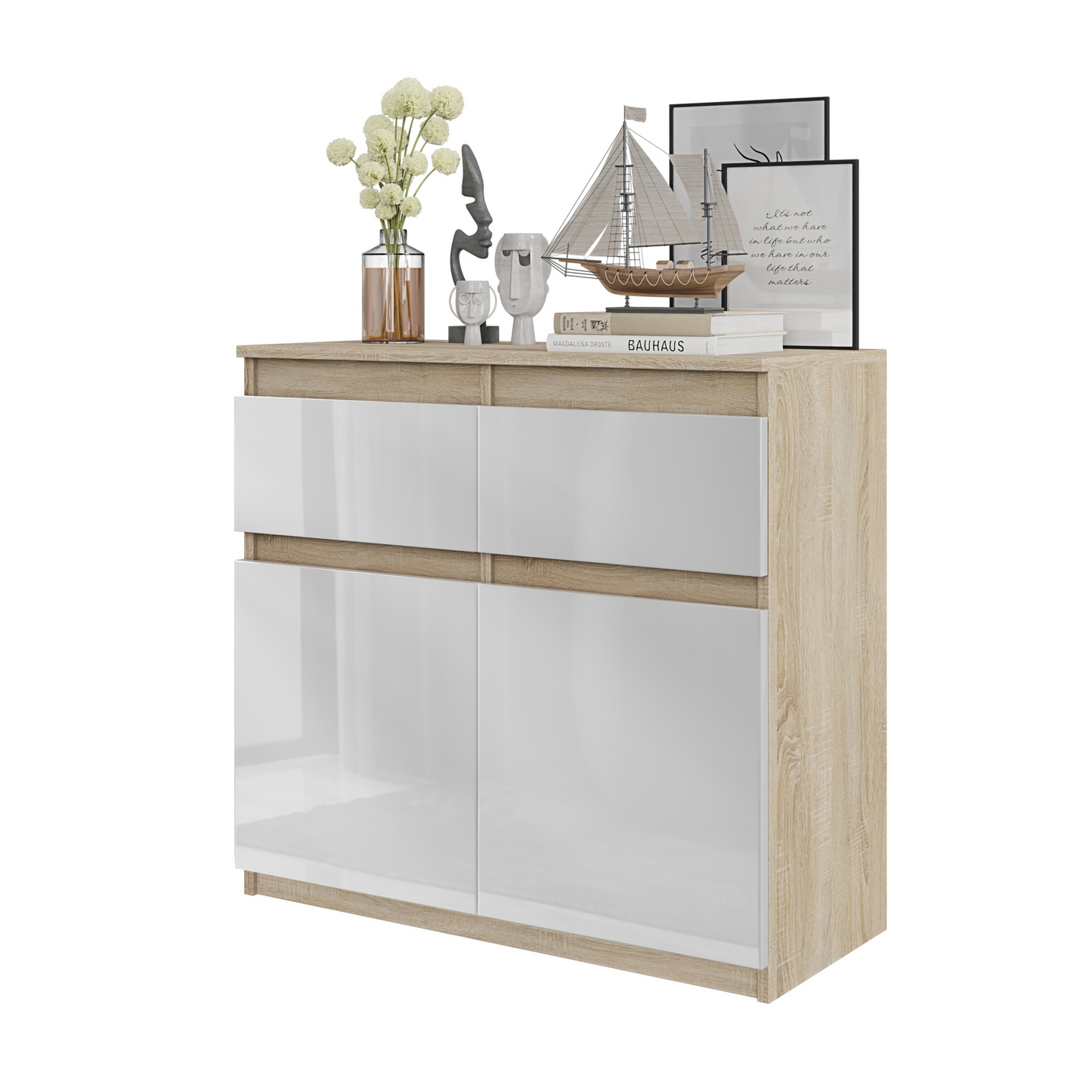 NOAH - Kommode / Sideboard mit 2 Schubladen und 2 Türen - Sonoma Eiche / Weiß Gloss