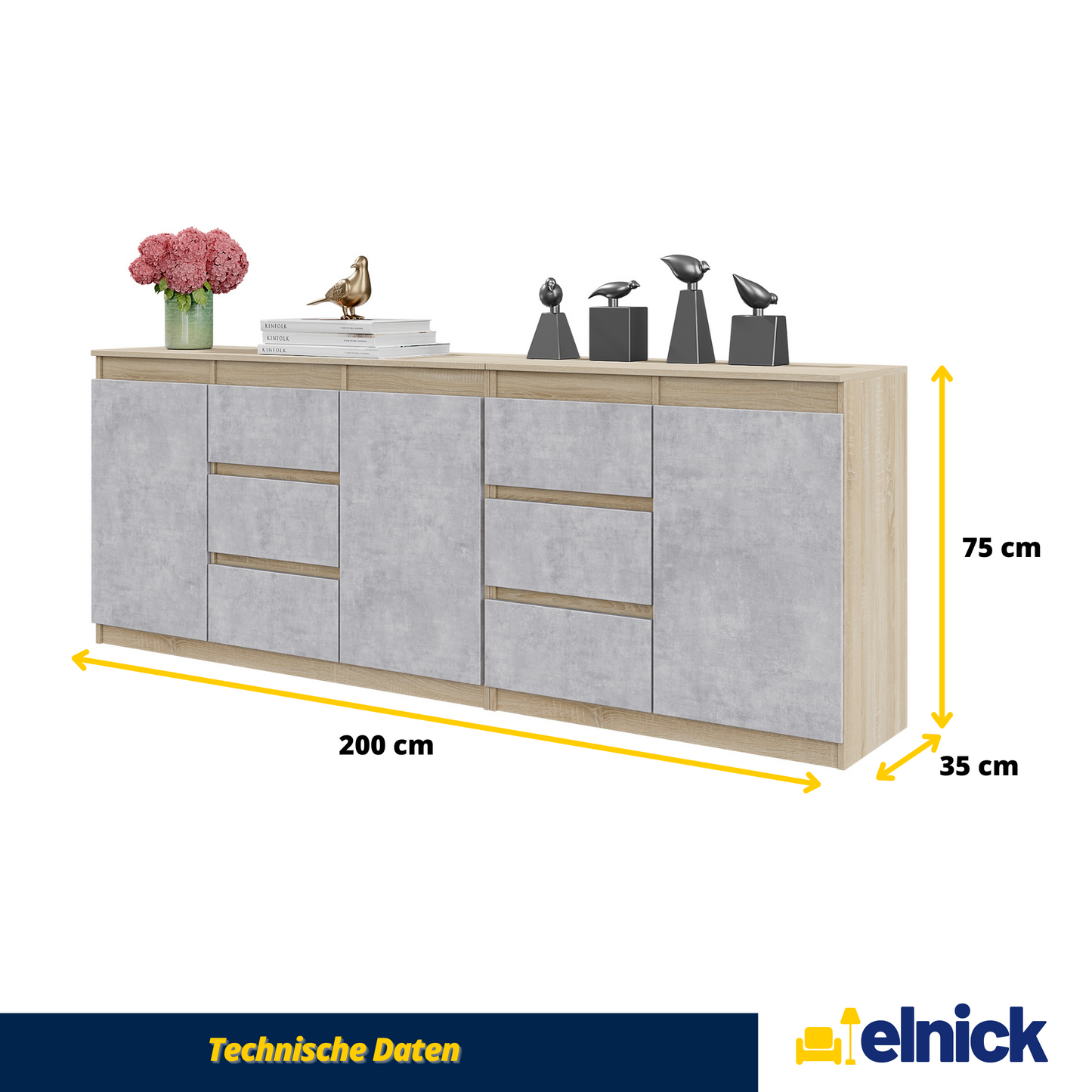 MIKEL - Kommode / Sideboard mit 6 Schubladen und 3 Türen - Sonoma Eiche / Beton-Optik