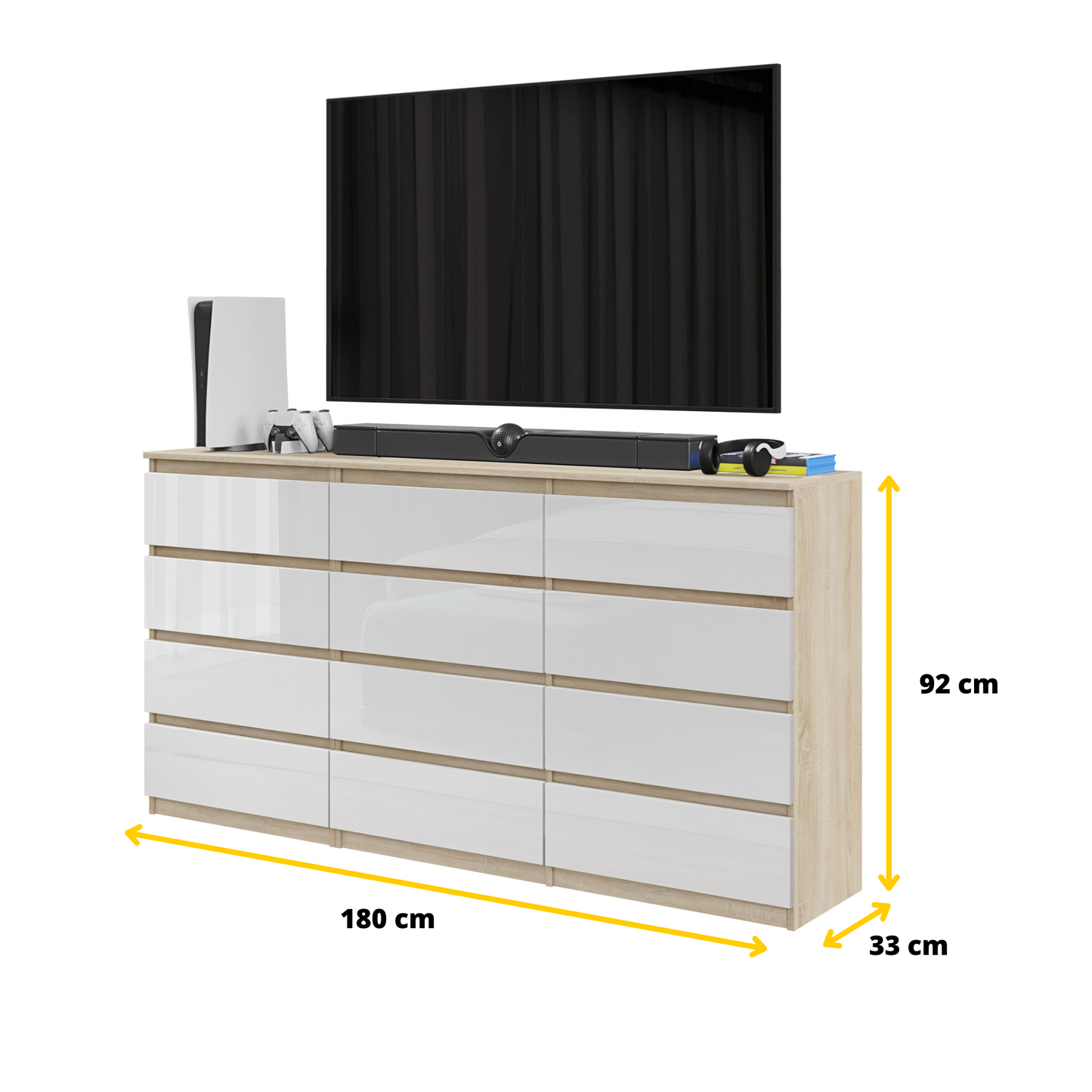 GABRIEL - Kommode / Sideboard mit 12 Schubladen (8+4) - Sonoma Eiche / Weiß Gloss