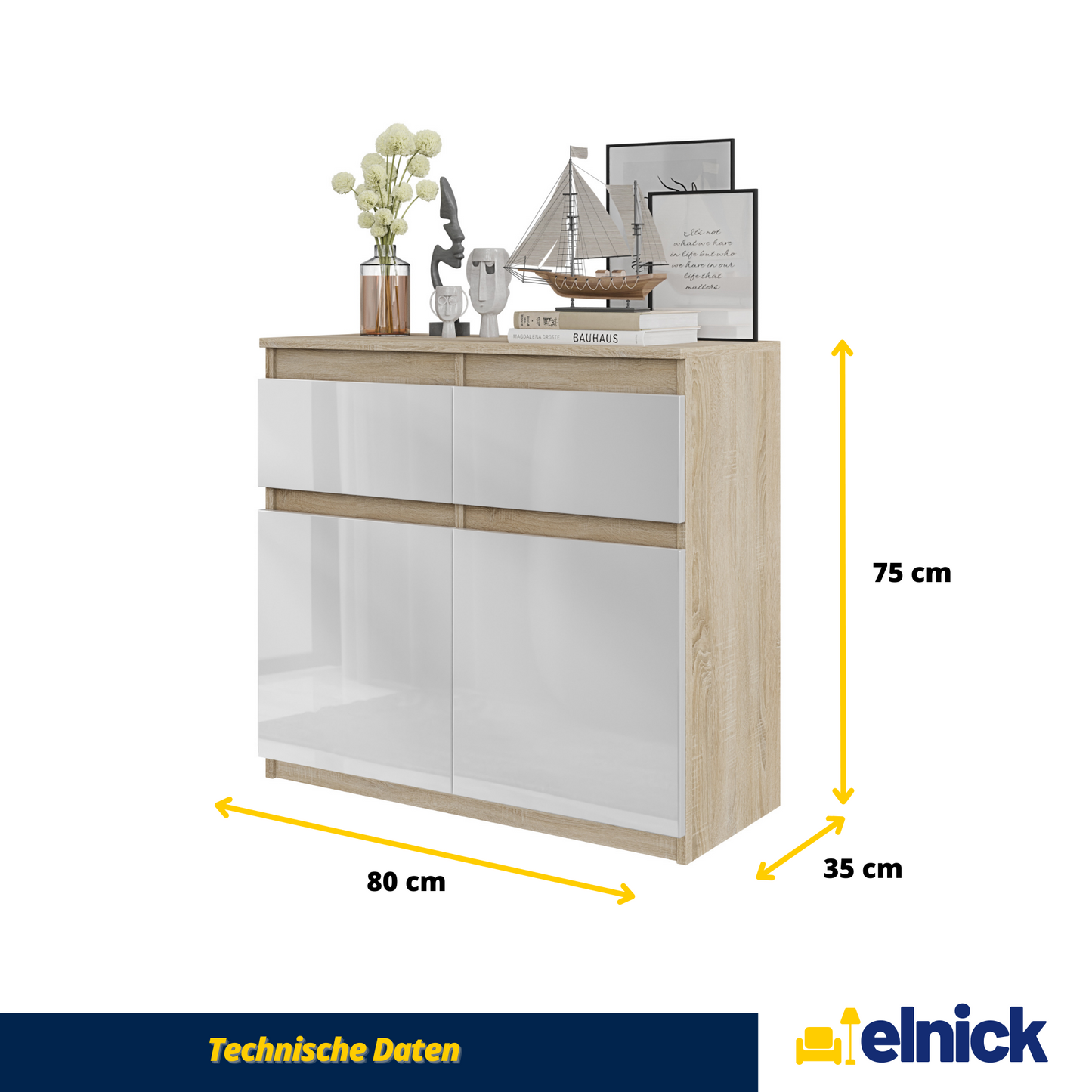 NOAH - Kommode / Sideboard mit 2 Schubladen und 2 Türen - Sonoma Eiche / Weiß Gloss