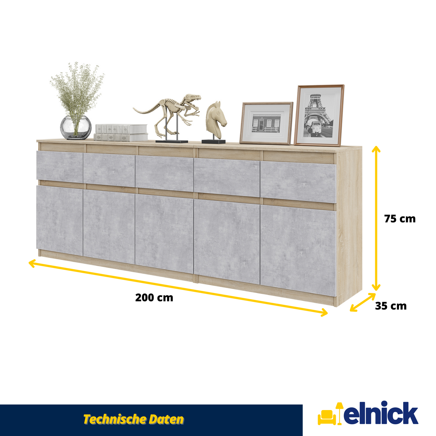 NOAH - Kommode / Sideboard mit 5 Schubladen und 5 Türen - Sonoma Eiche / Beton-Optik