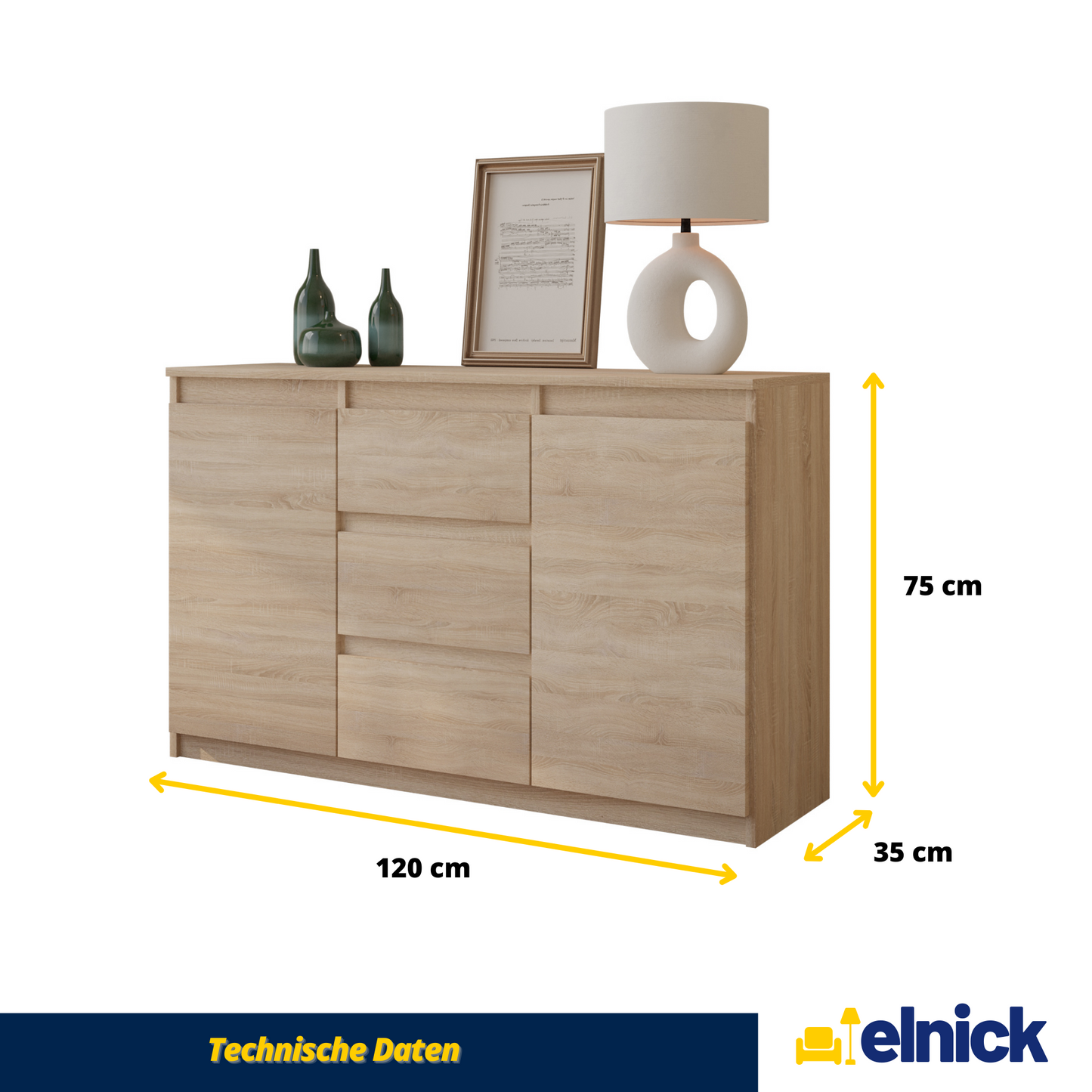 MIKEL - Kommode / Sideboard mit 3 Schubladen und 2 Türen - Sonoma Eiche