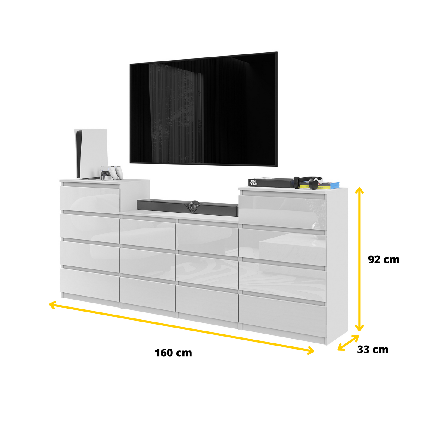 GABRIEL - Kommode / Sideboard mit 14 Schubladen (4+6+4) - Weiß Gloss