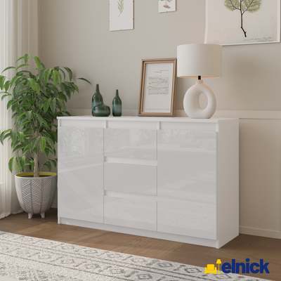 MIKEL - Kommode / Sideboard mit 3 Schubladen und 2 Türen - Weiß Matt / Weiß Gloss