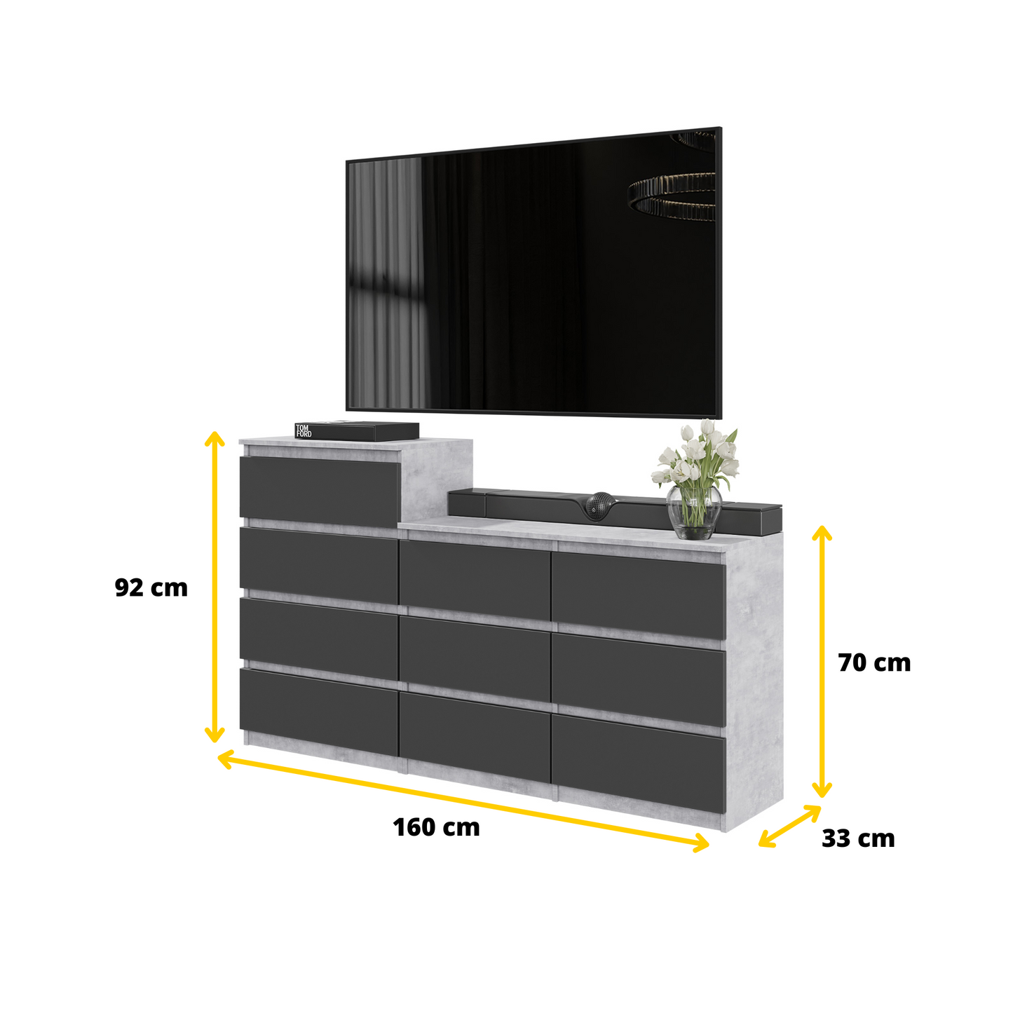 GABRIEL - Kommode / Sideboard mit 10 Schubladen (6+4) - Beton-Optik / Anthrazit