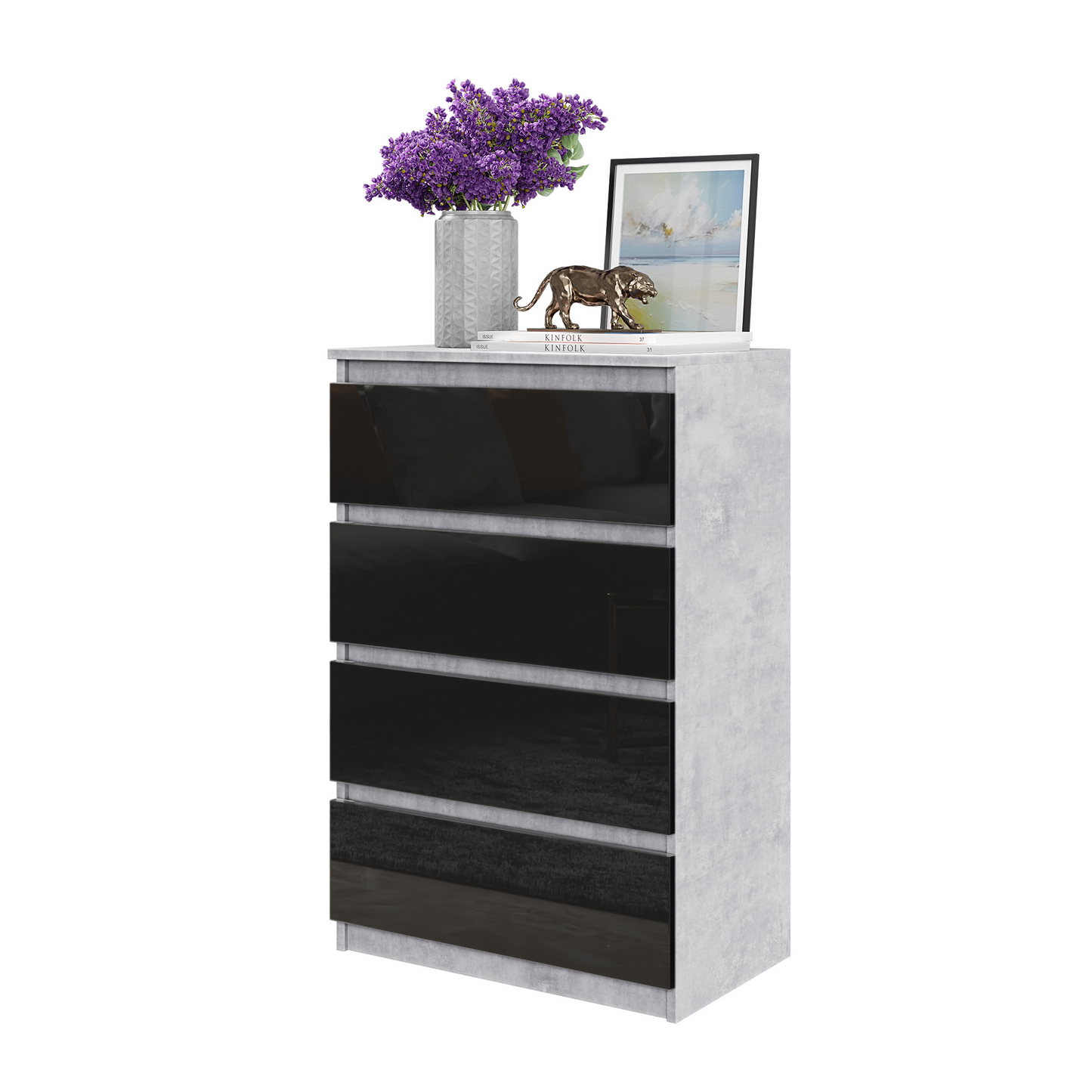 GABRIEL - Kommode / Sideboard mit 4 Schubladen - Beton / Schwarz Glanz H92cm B60cm T33cm