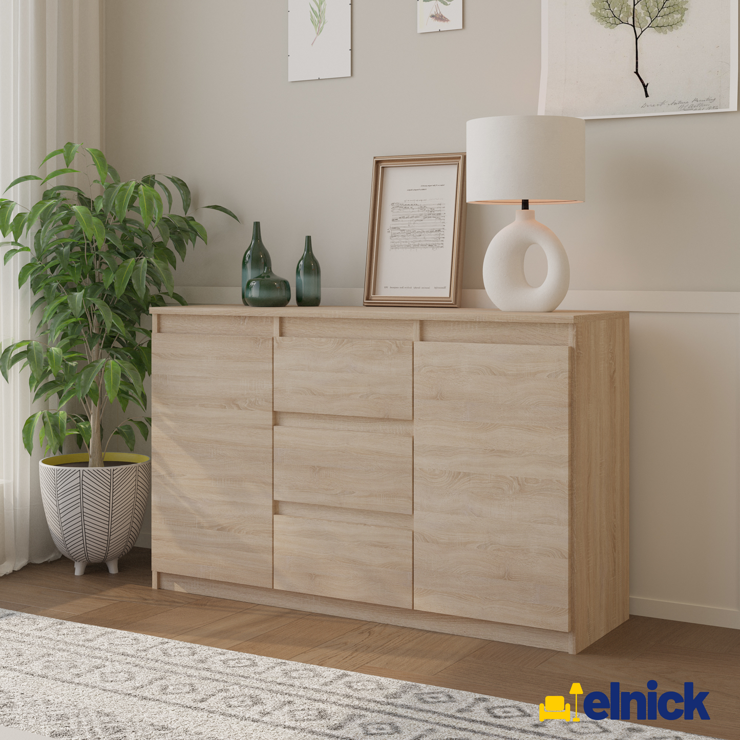 MIKEL - Kommode / Sideboard mit 3 Schubladen und 2 Türen - Sonoma Eiche