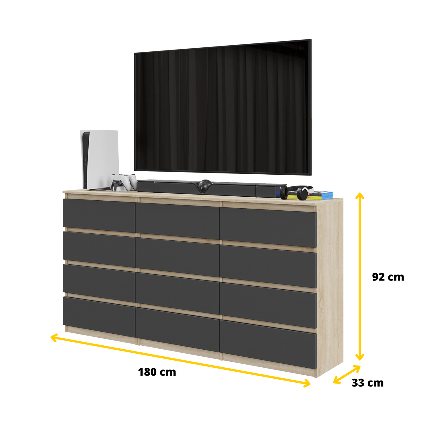 GABRIEL - Kommode / Sideboard mit 12 Schubladen (8+4) - Sonoma Eiche / Anthrazit