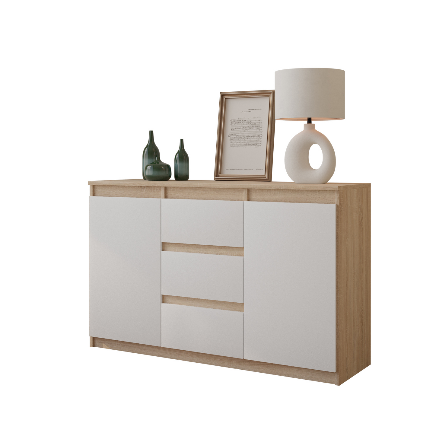 MIKEL - Kommode / Sideboard mit 3 Schubladen und 2 Türen - Sonoma Eiche / Weiß Matt