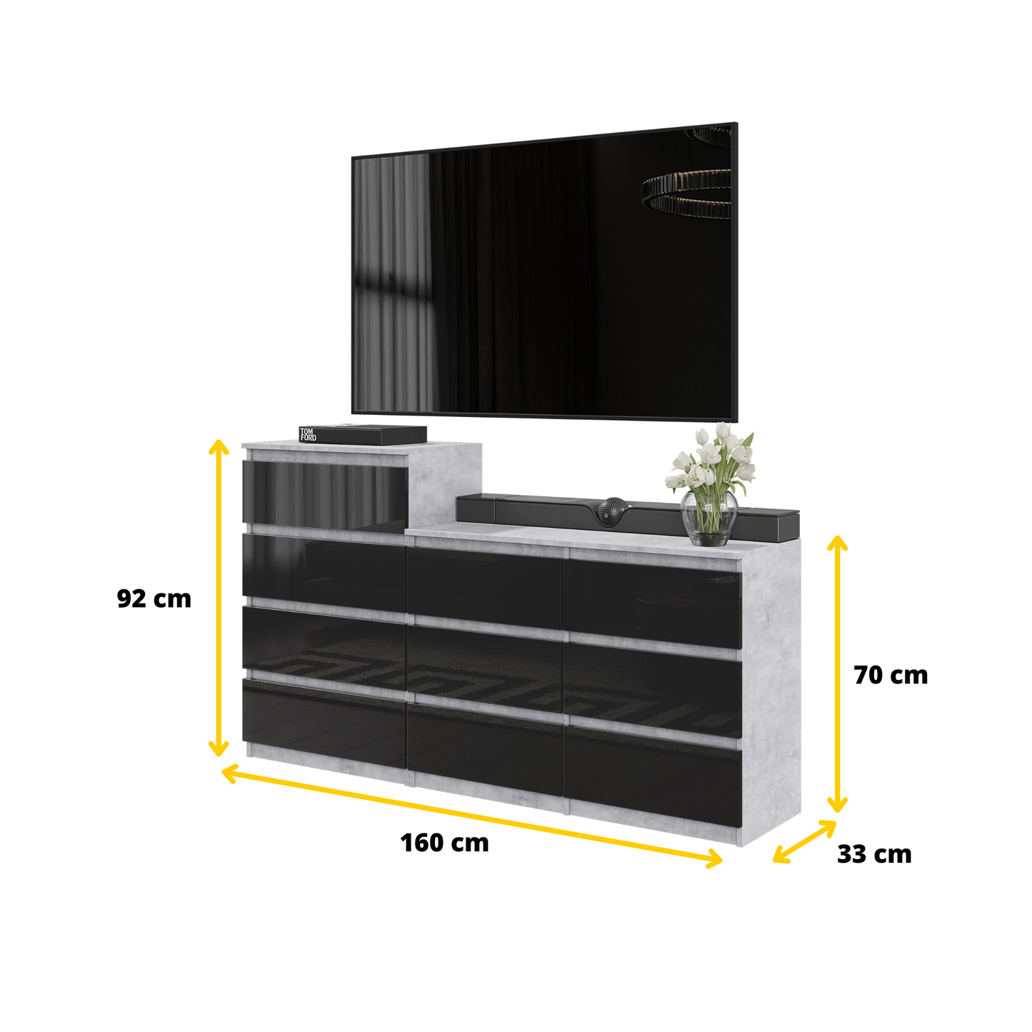 GABRIEL - Kommode / Sideboard mit 10 Schubladen (6+4) - Beton-Optik / Schwarz Gloss