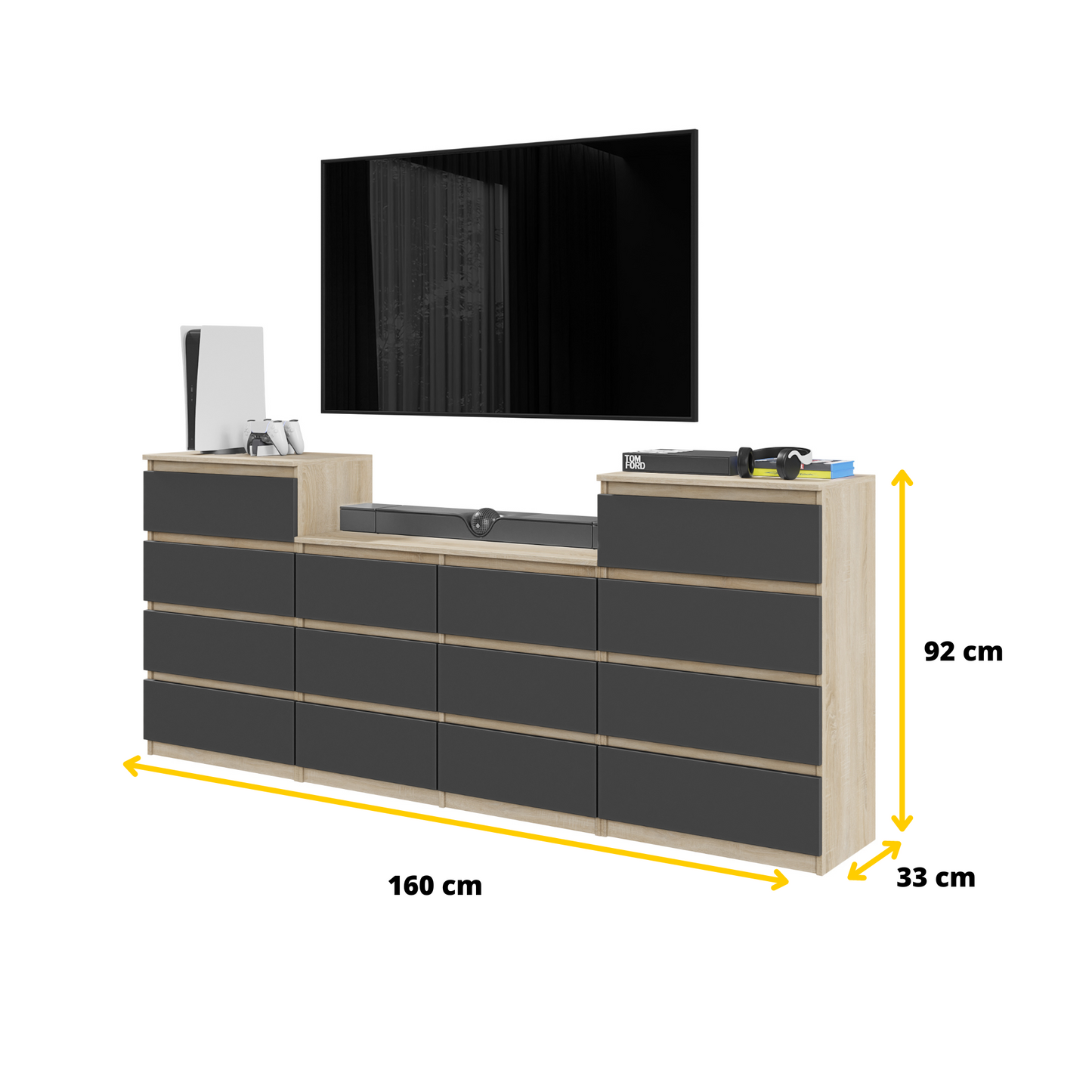 GABRIEL - Kommode / Sideboard mit 14 Schubladen (4+6+4) - Sonoma Eiche / Anthrazit