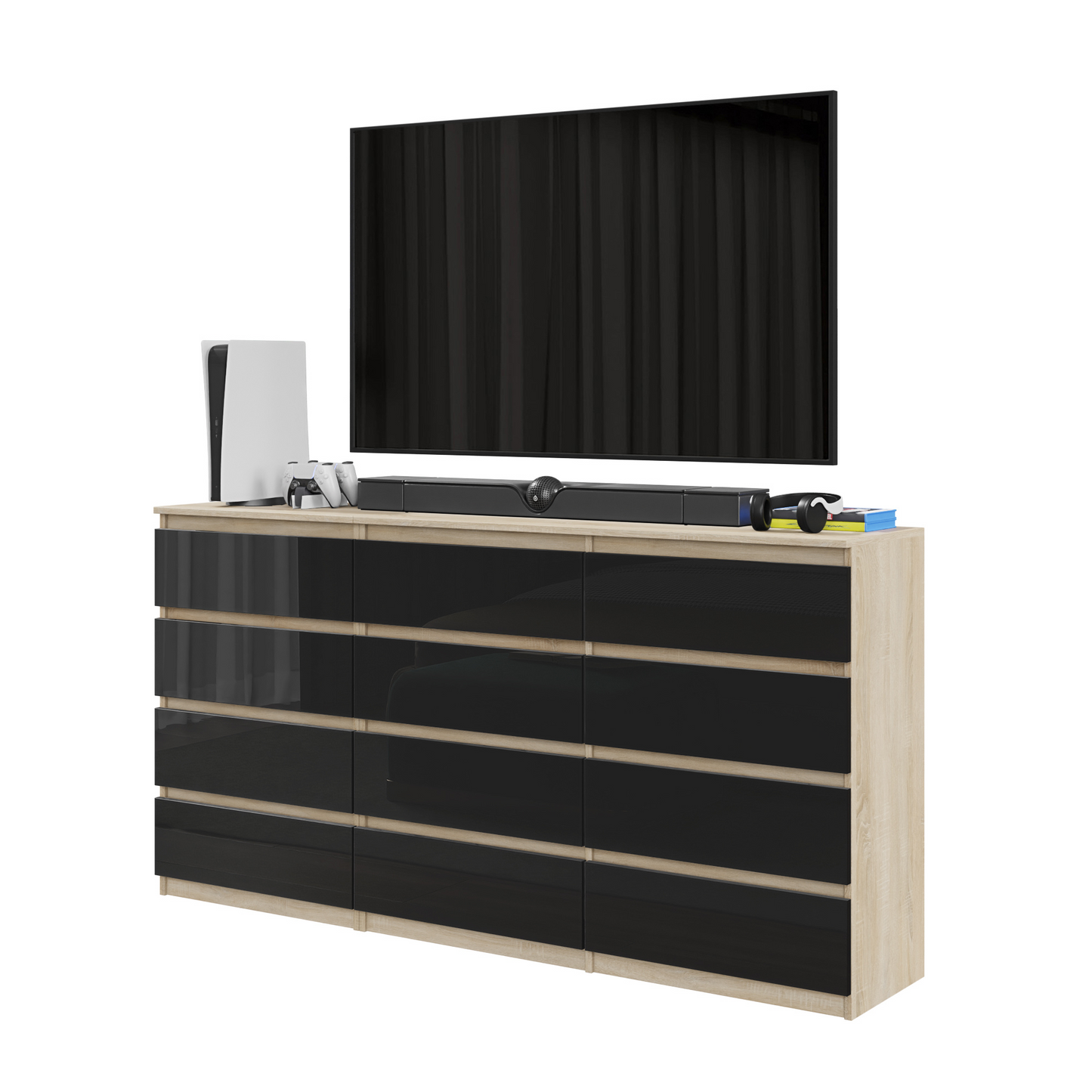 GABRIEL - Kommode / Sideboard mit 12 Schubladen (8+4) - Sonoma Eiche / Schwarz Gloss