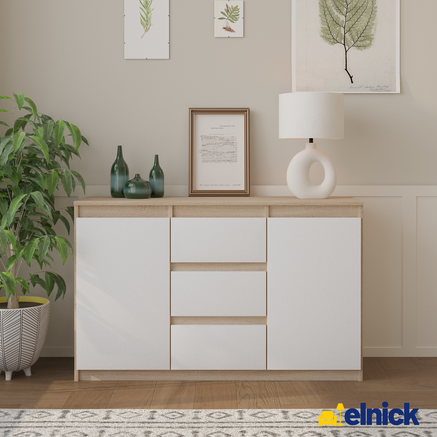 MIKEL - Kommode / Sideboard mit 3 Schubladen und 2 Türen - Sonoma Eiche / Weiß Matt