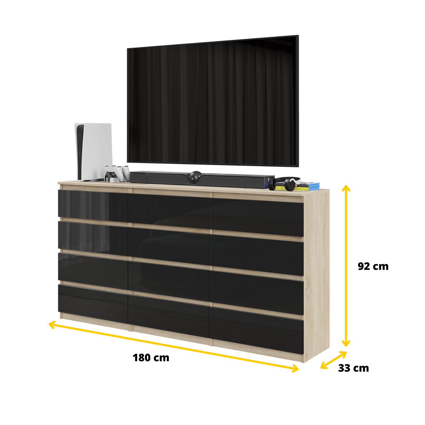 GABRIEL - Kommode / Sideboard mit 12 Schubladen (8+4) - Sonoma Eiche / Schwarz Gloss