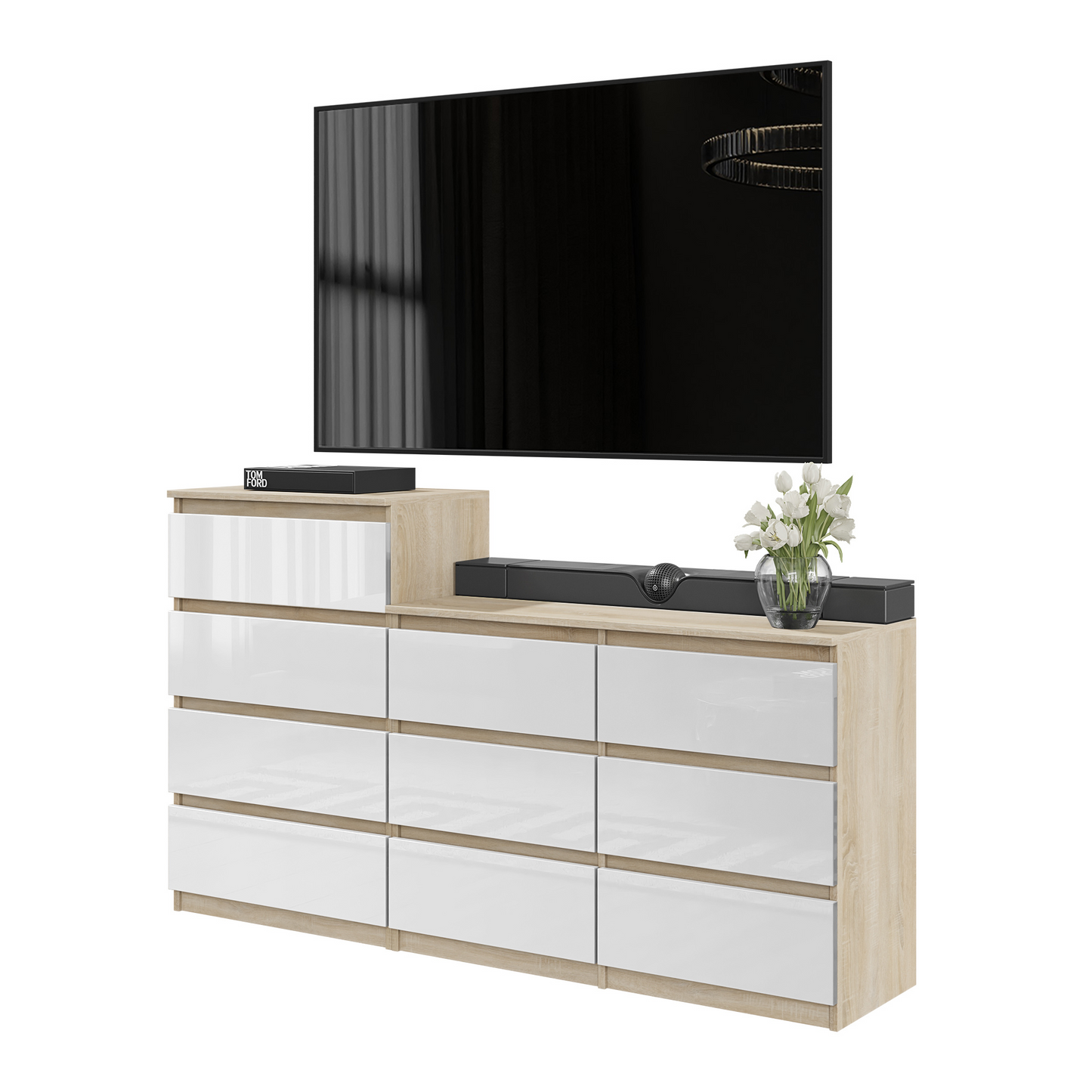 GABRIEL - Kommode / Sideboard mit 10 Schubladen (6+4) - Sonoma Eiche / Weiß Gloss